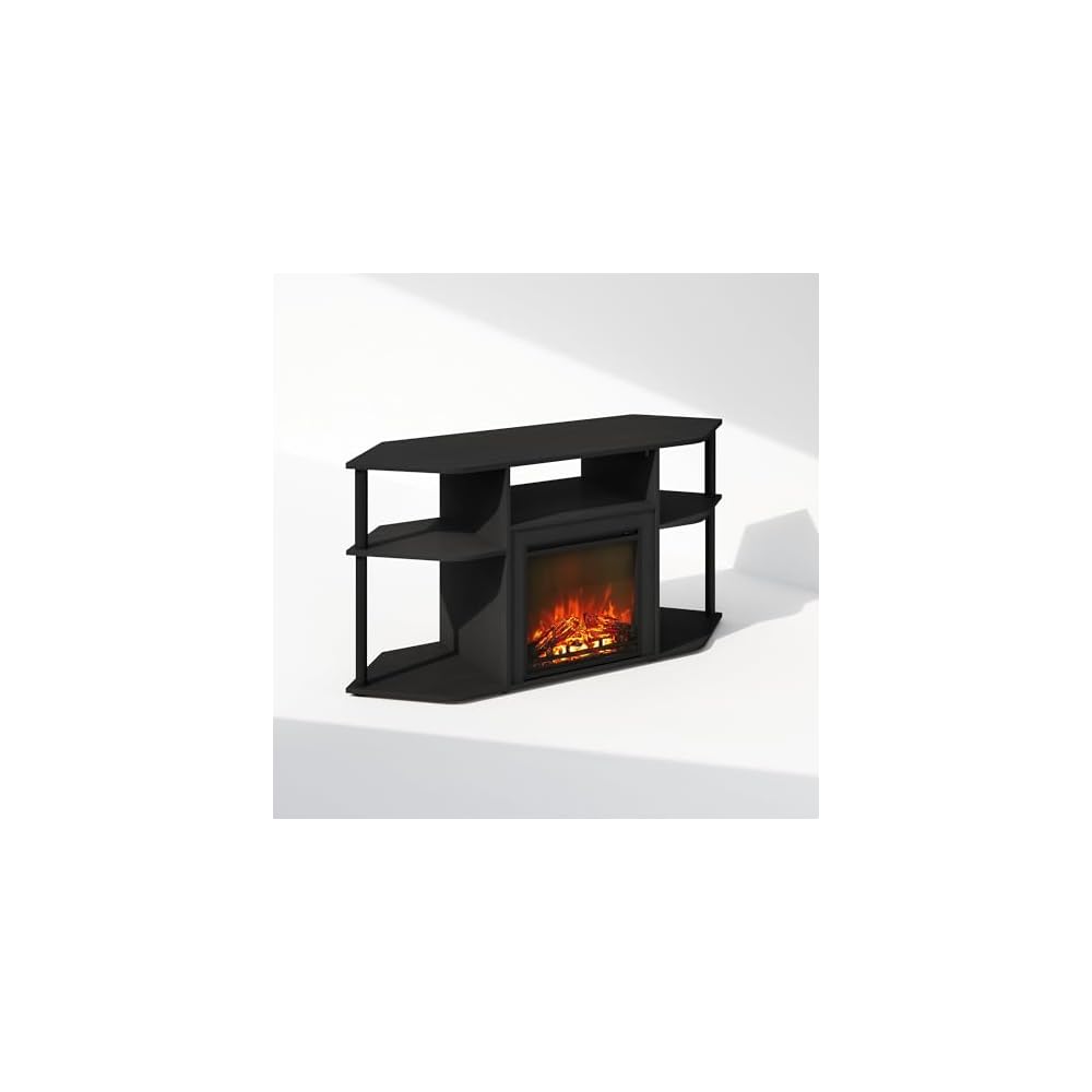 Furinno Jensen Fireplace TV Stand, NO Heat Decorative Electric Fireplace Corner Open Shelf TV Stand for TV up to 55 Inch, for Living Room, Dark Americano