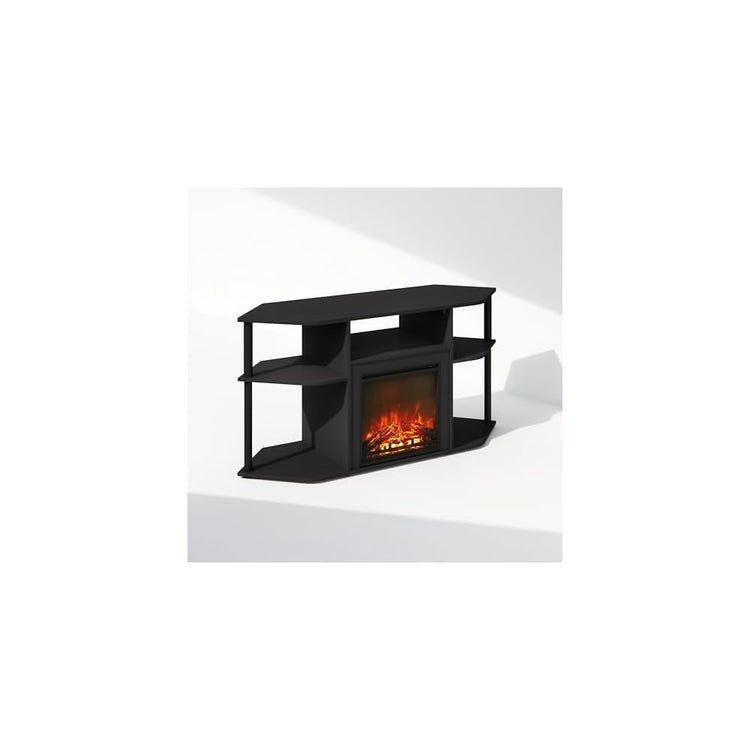 Furinno Jensen Fireplace TV Stand, NO Heat Decorative Electric Fireplace Corner Open Shelf TV Stand for TV up to 55 Inch, for Living Room, Dark Americano