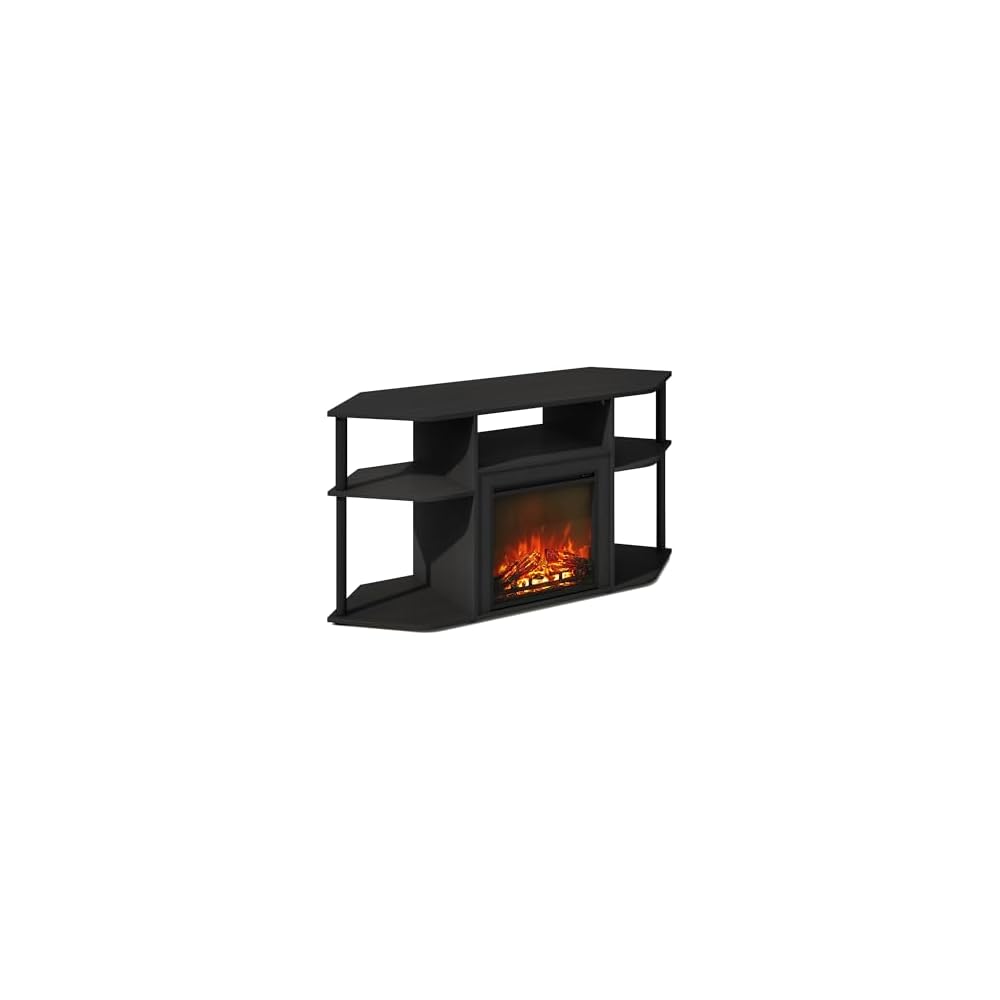 Furinno Jensen Fireplace TV Stand, NO Heat Decorative Electric Fireplace Corner Open Shelf TV Stand for TV up to 55 Inch, for Living Room, Dark Americano