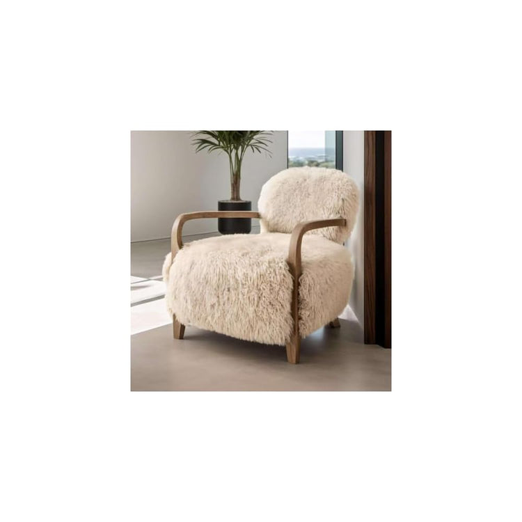 Cream Faux Sheepskin Accent Chair, Wooden Arm Lounge Chair for Living Room