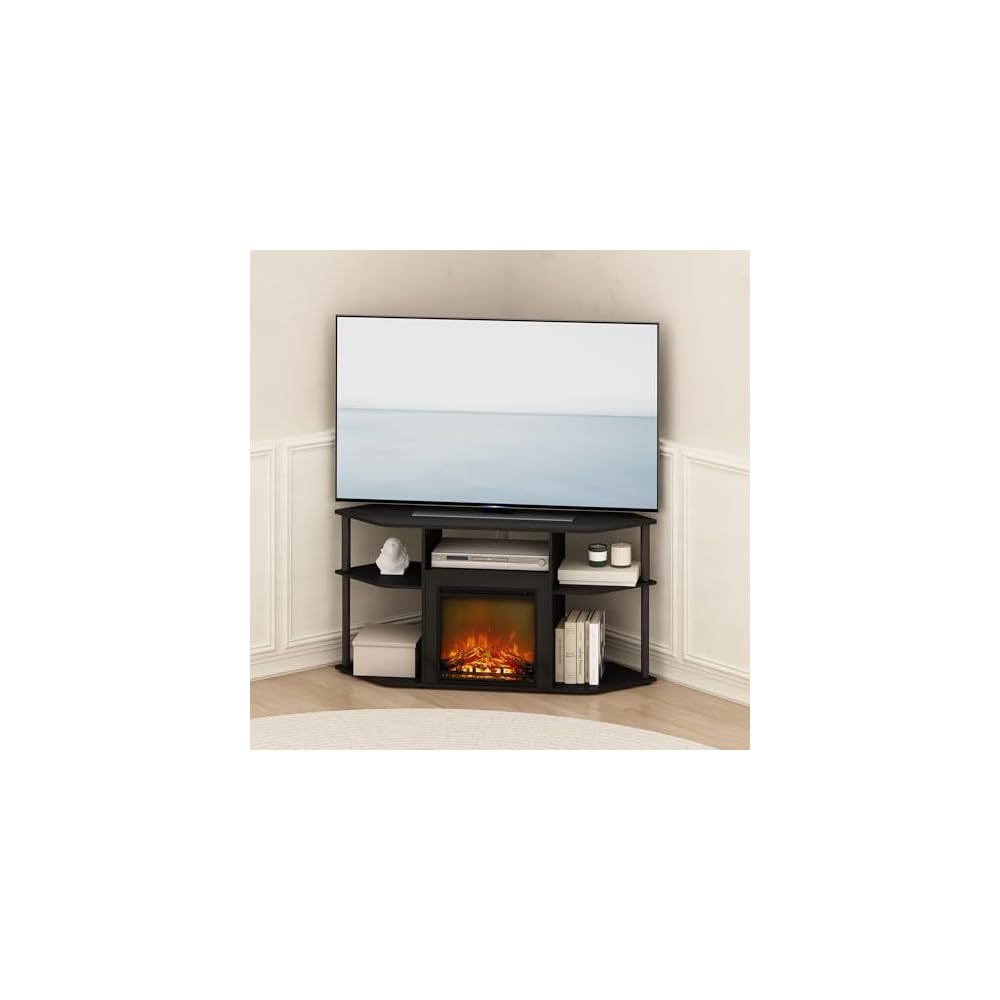 Furinno Jensen Fireplace TV Stand, NO Heat Decorative Electric Fireplace Corner Open Shelf TV Stand for TV up to 55 Inch, for Living Room, Dark Americano
