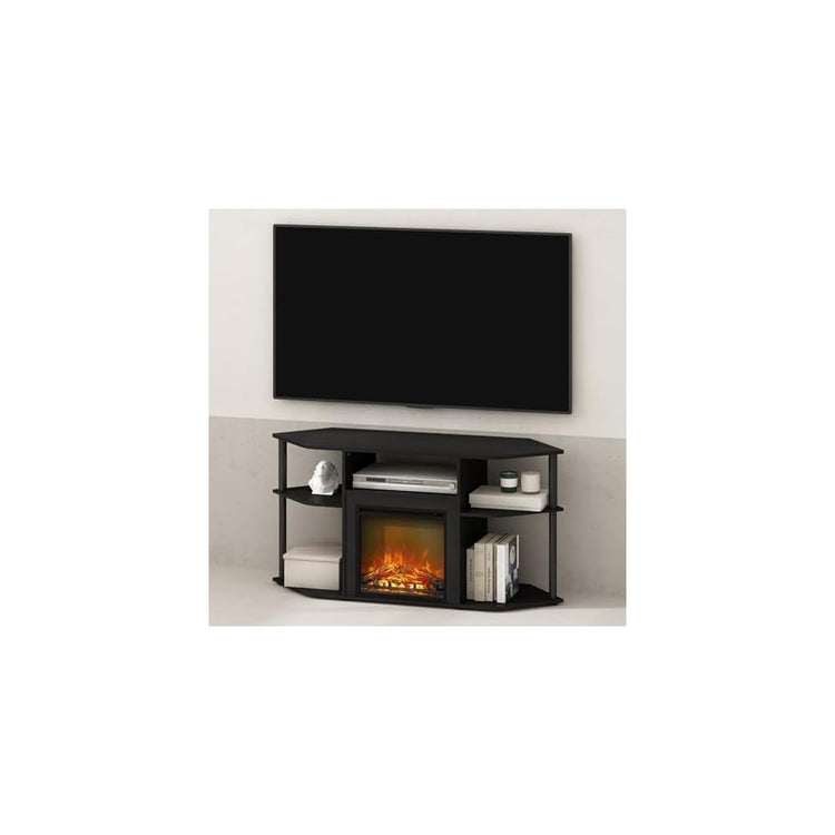 Furinno Jensen Fireplace TV Stand, NO Heat Decorative Electric Fireplace Corner Open Shelf TV Stand for TV up to 55 Inch, for Living Room, Dark Americano