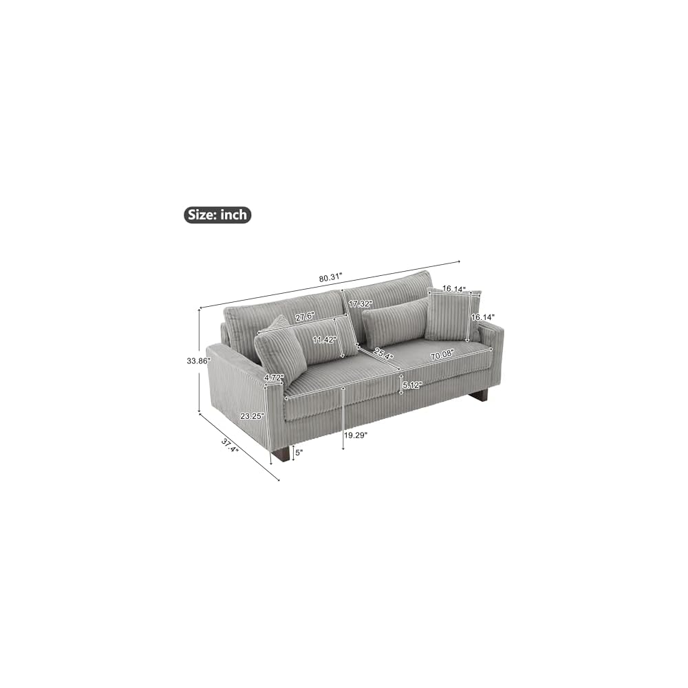 Christopher Knight Home Vincenzo 80.3" Corduroy Upholstered Loveseat with Wood Legs, Modern Loveseat Sofa Couch for Living Room with 4 Pillows, Soft Seating Lounge Sofa Chair with Armrest, Grey