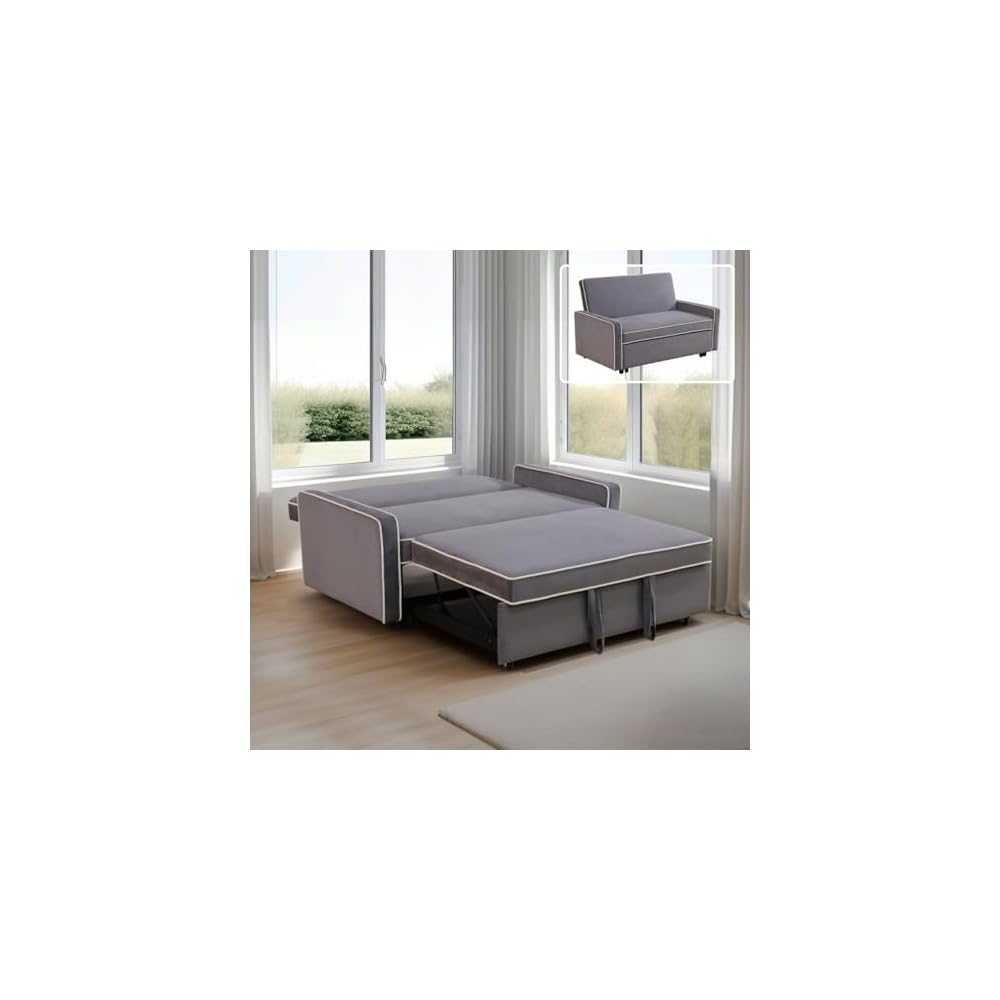3-in-1 Convertible Sofa Sleeper Bed 2-Seat Comfy Lounge Loveseat with Adjustable Backrest, Flannel Pull Out Fabric Lazy Couch Chaise, Perfect for Home Apartment Dorm Office Living Room, Gray