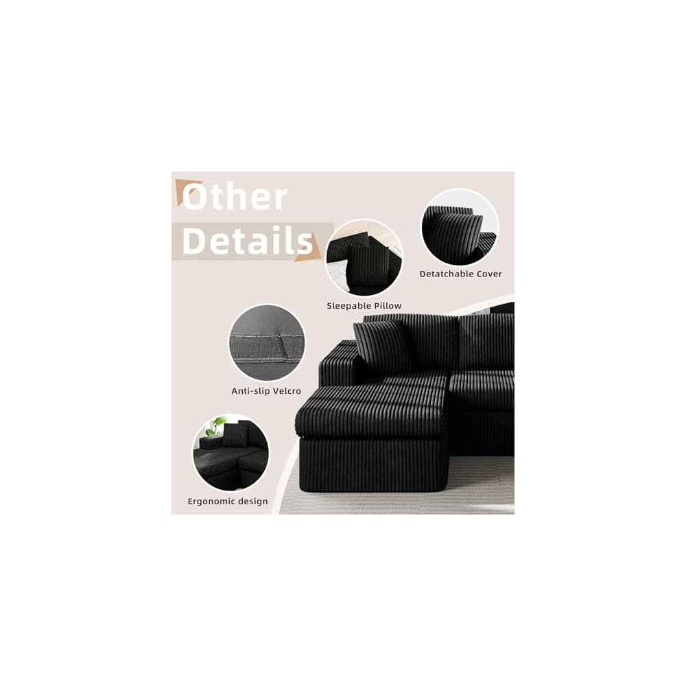 105" Modular Sectional Sofa, Boneless L Shaped Couch with Deep Seat, Cloud Foam Couch with Oversized Chaise, Plush Corduroy Sofa No Assembly Needed for Living Room, Black