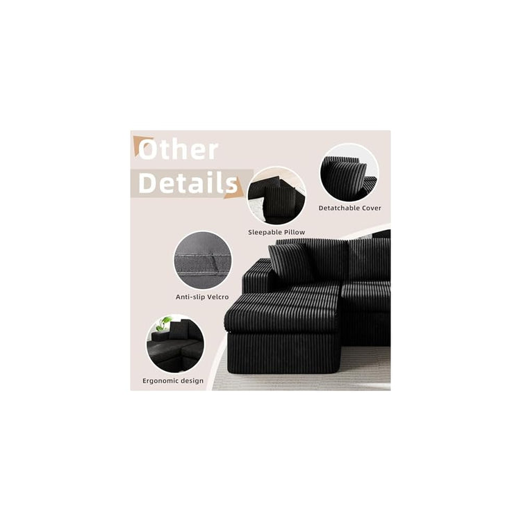 105" Modular Sectional Sofa, Boneless L Shaped Couch with Deep Seat, Cloud Foam Couch with Oversized Chaise, Plush Corduroy Sofa No Assembly Needed for Living Room, Black