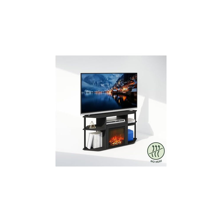 Furinno Jensen Fireplace TV Stand, NO Heat Decorative Electric Fireplace Corner Open Shelf TV Stand for TV up to 55 Inch, for Living Room, Dark Americano