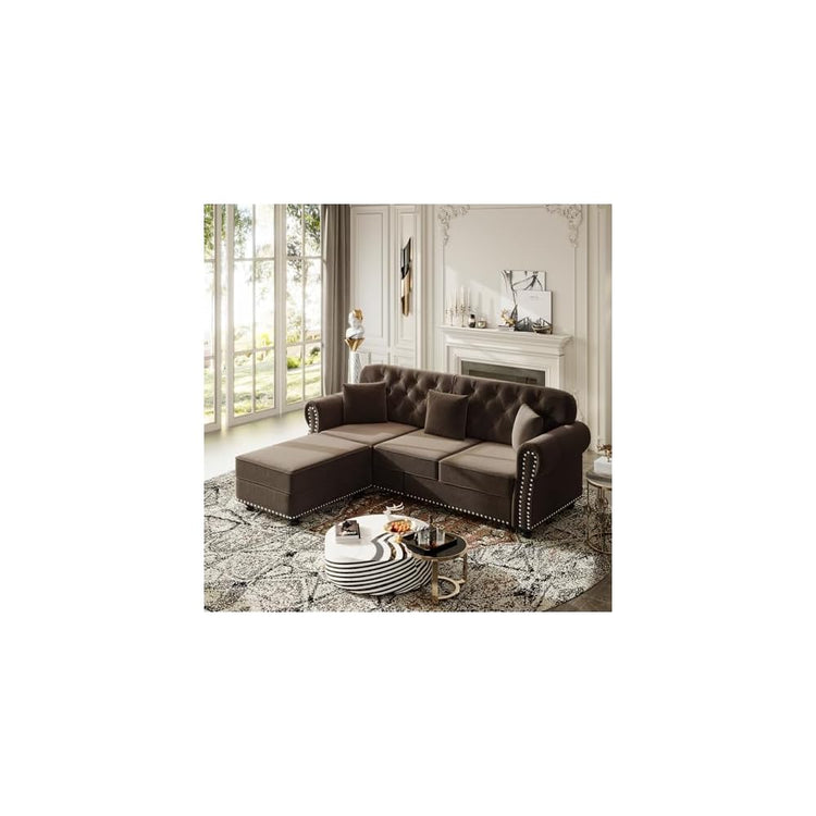 82.6" Deep Seat Chesterfield Sofa with Ottoman, Mid-Century Modern Velvet Couch with Nailhead Trim, Rolled Arm& 3 Pillows, Comfy Tufted Upholstered 3 Seater Love Seat Couches for Living Room (Brown)