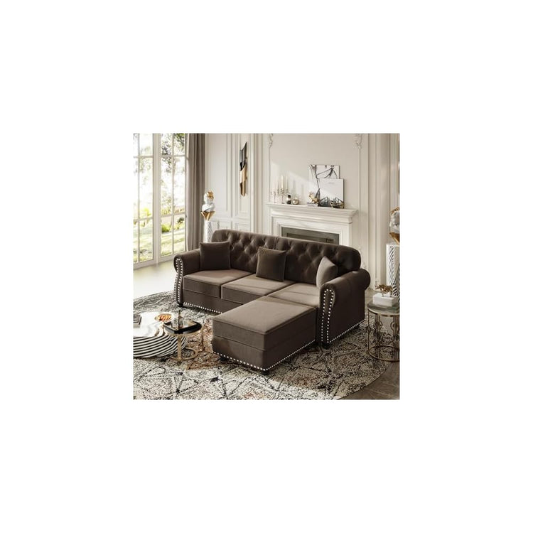 82.6" Deep Seat Chesterfield Sofa with Ottoman, Mid-Century Modern Velvet Couch with Nailhead Trim, Rolled Arm& 3 Pillows, Comfy Tufted Upholstered 3 Seater Love Seat Couches for Living Room (Brown)