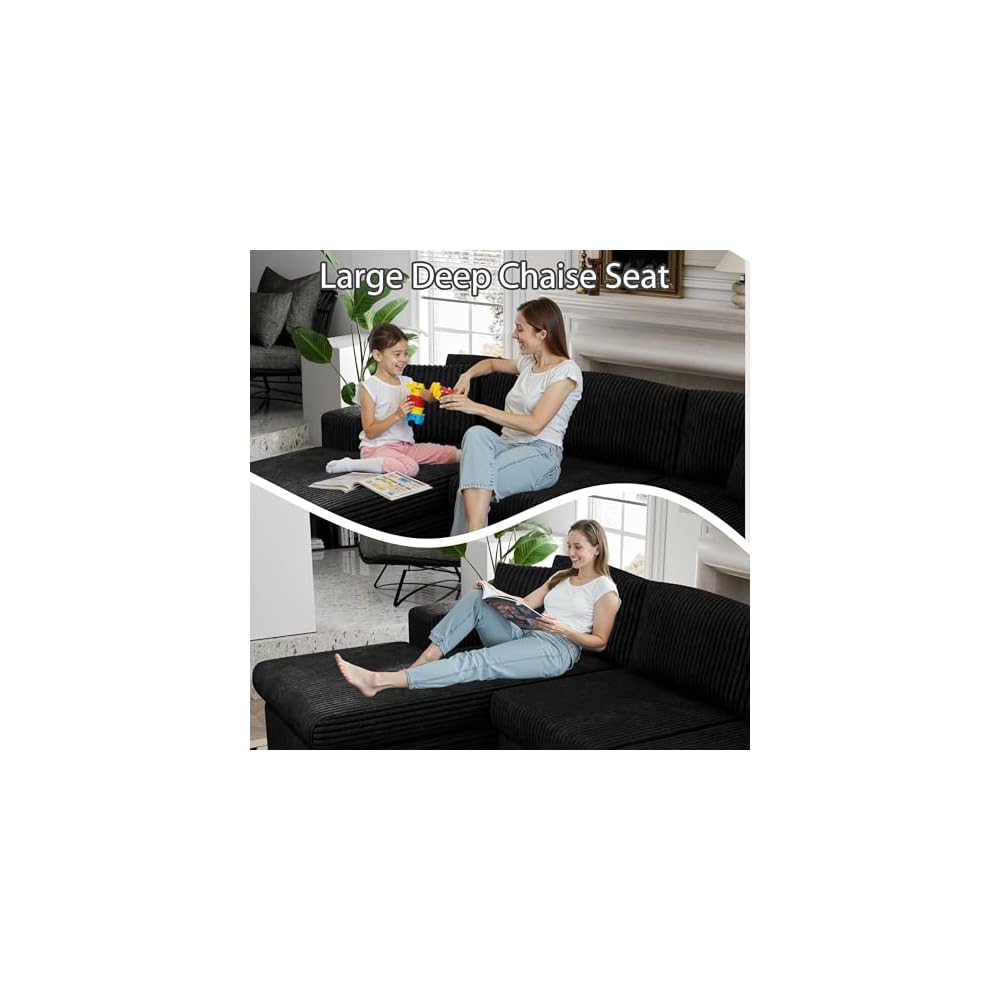 105" Modular Sectional Sofa, Boneless L Shaped Couch with Deep Seat, Cloud Foam Couch with Oversized Chaise, Plush Corduroy Sofa No Assembly Needed for Living Room, Black