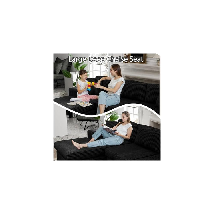 105" Modular Sectional Sofa, Boneless L Shaped Couch with Deep Seat, Cloud Foam Couch with Oversized Chaise, Plush Corduroy Sofa No Assembly Needed for Living Room, Black