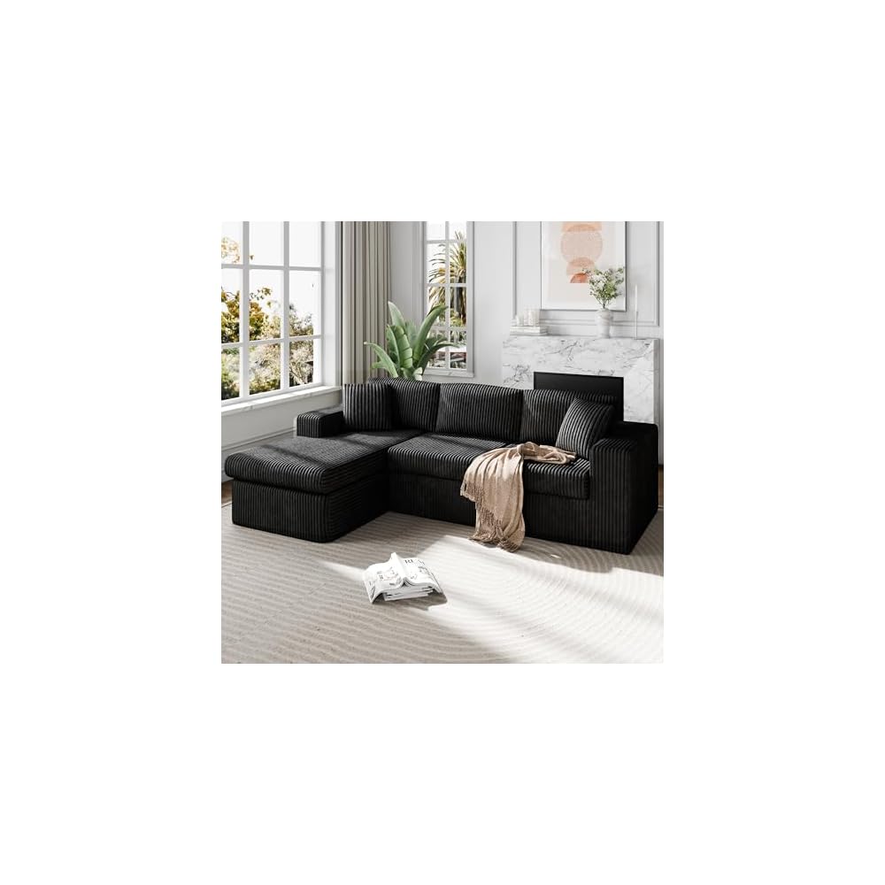 105" Modular Sectional Sofa, Boneless L Shaped Couch with Deep Seat, Cloud Foam Couch with Oversized Chaise, Plush Corduroy Sofa No Assembly Needed for Living Room, Black