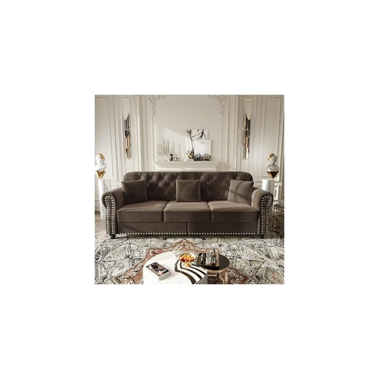 82.6" Deep Seat Chesterfield Sofa with Ottoman, Mid-Century Modern Velvet Couch with Nailhead Trim, Rolled Arm& 3 Pillows, Comfy Tufted Upholstered 3 Seater Love Seat Couches for Living Room (Brown)