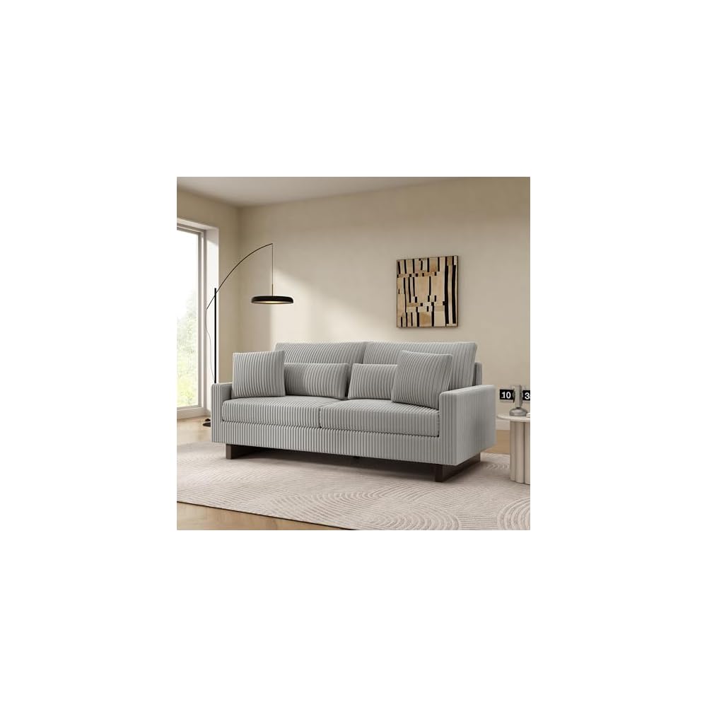 Christopher Knight Home Vincenzo 80.3" Corduroy Upholstered Loveseat with Wood Legs, Modern Loveseat Sofa Couch for Living Room with 4 Pillows, Soft Seating Lounge Sofa Chair with Armrest, Grey