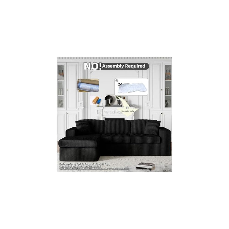 105" Modular Sectional Sofa, Boneless L Shaped Couch with Deep Seat, Cloud Foam Couch with Oversized Chaise, Plush Corduroy Sofa No Assembly Needed for Living Room, Black