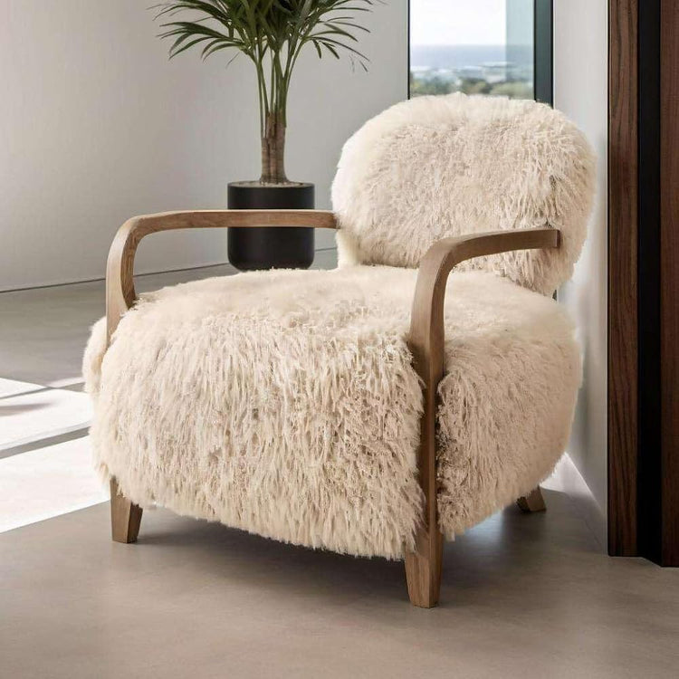 Cream Faux Sheepskin Accent Chair, Wooden Arm Lounge Chair for Living Room