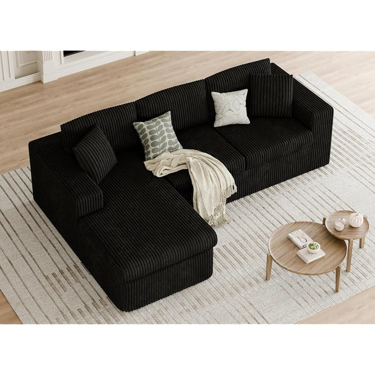 105" Modular Sectional Sofa, Boneless L Shaped Couch with Deep Seat, Cloud Foam Couch with Oversized Chaise, Plush Corduroy Sofa No Assembly Needed for Living Room, Black